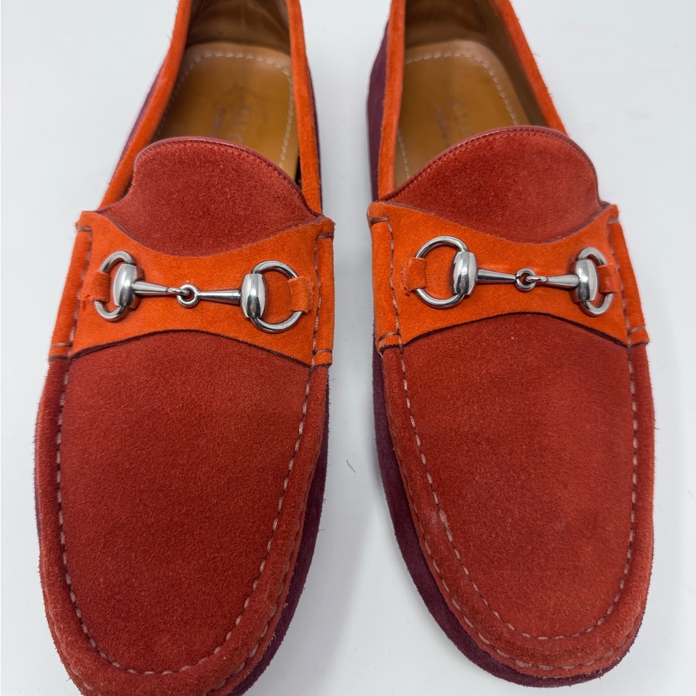 Gucci Two-Tone Burnt Orange & Burgundy Suede Horsebit Loafers